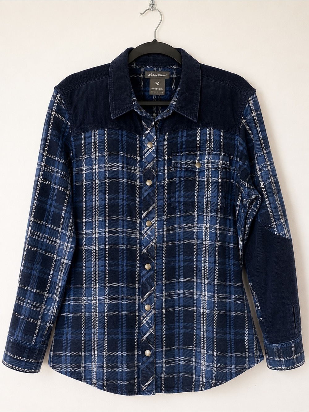 Eddie Bauer Blue Plaid Snap Front Shirt Jacket XL Corduroy Trim 100% Cotton